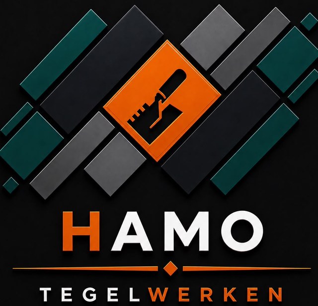 Het logo van Hamo Tegelwerken: veertien tegels in verschillende maten en kleuren rond een oranje middentegel